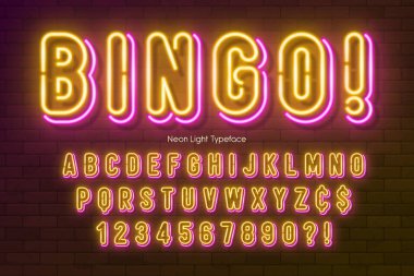 Neon ışıklı alfabe, çok renkli ekstra parlak yazı tipi.