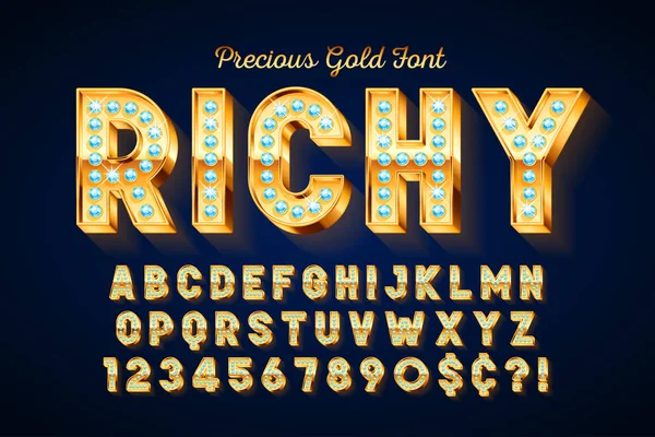 Golden 3d font with gems, gold letters and numbers. — Stock Vector