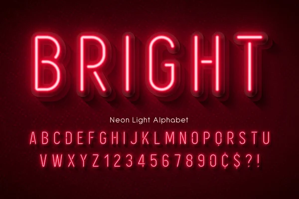 Neon licht alfabet, veelkleurig extra gloeiend lettertype. — Stockvector