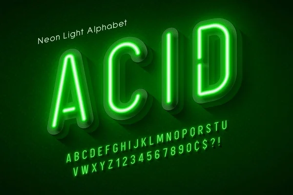 Neon licht alfabet, veelkleurig extra gloeiend lettertype. — Stockvector