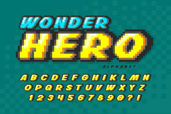 Pixel vector fuente diseño, super héroe estilo alfabeto . — Archivo Imágenes Vectoriales