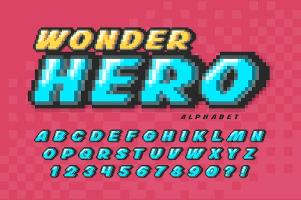 Pixel vektor betűtípus design, szuper hős stílus ABC. — Stock Vector