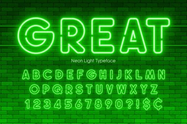 Neon ışık alfabe, sayılar, ekstra parlak yazı tipi