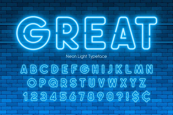 Neon fény ABC, számok, extra izzó font — Stock Vector