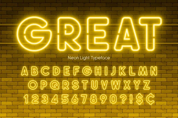 Neonlicht-Alphabet, Zahlen, extra leuchtende Schrift — Stockvektor