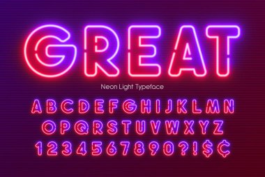 Neon ışıklı alfabe, çok renkli ekstra parlak yazı tipi.