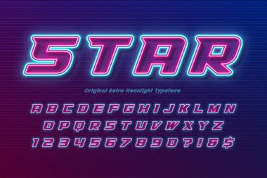 Neon ışıklı alfabe, çok renkli ekstra parlak yazı tipi.