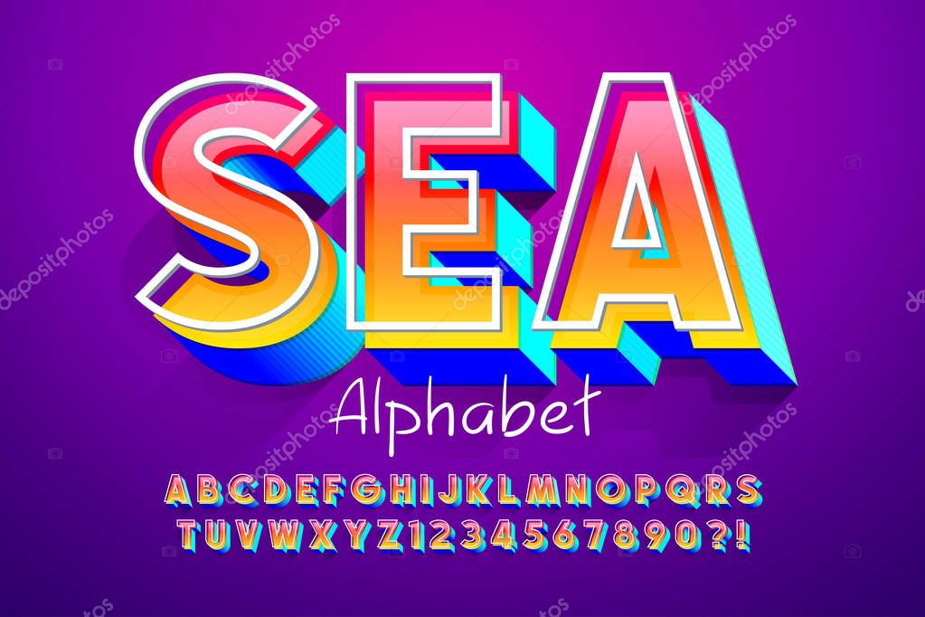 Colorful 3d display font design, alphabet, letters and numbers. Swatch color control