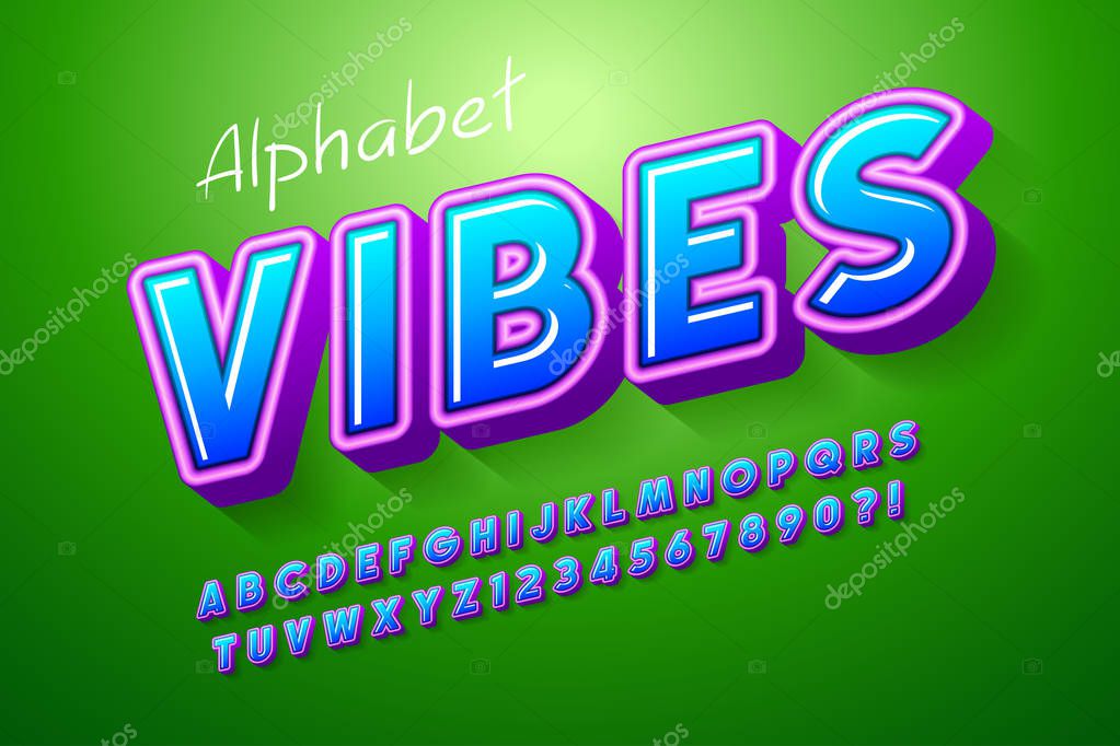Colorful 3d display font design, alphabet, letters and numbers. 13 degree skew