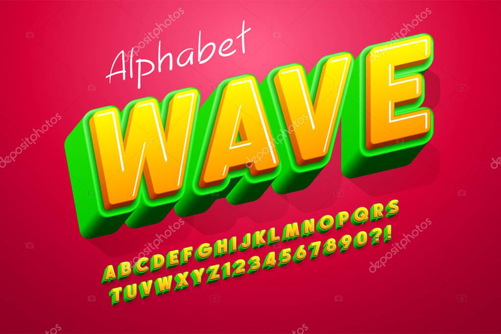 Colorful 3d display font design, alphabet, letters and numbers.13 degree skew