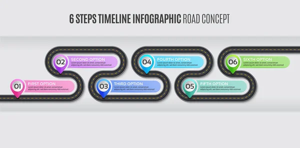 Mapa de navegación infografía 6 pasos cronología carretera concepto . — Vector de stock