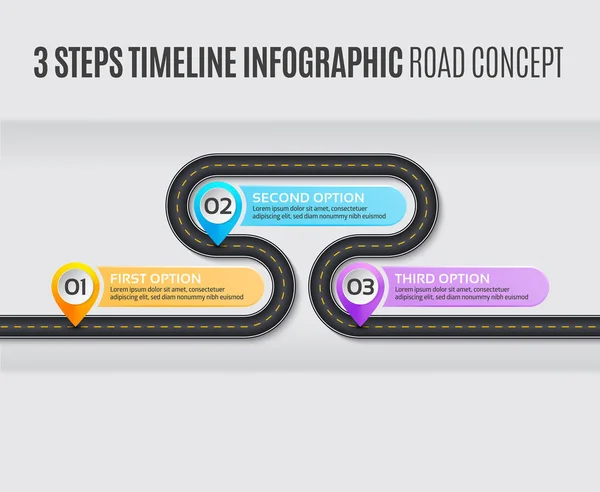 Mappa di navigazione Infografica 3 passi Concetto stradale della timeline . — Vettoriale Stock