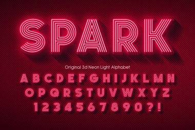 Neon ışık 3d alfabesi, ekstra parlak yazı tipi.