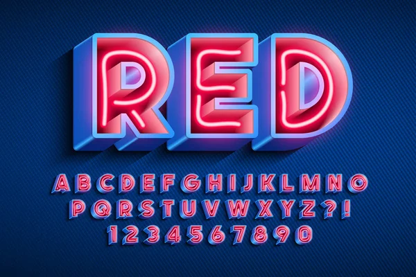 Neon light 3d alphabet, extra glowing original font. — Stock Vector