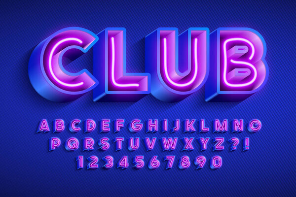 Neon light 3d alphabet, extra glowing original font.