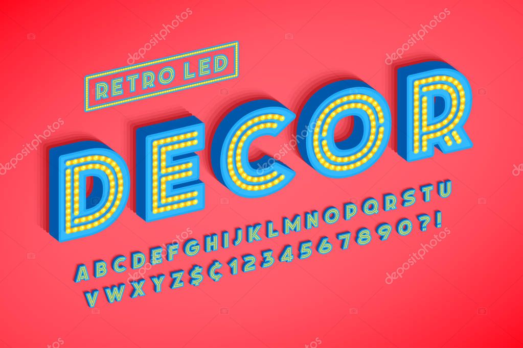 Retro led stripe font design, letters and numbers. Swatch color control. 13 degree skew.