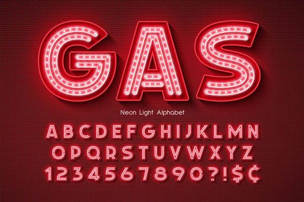 Neon light alfabeto 3d, carattere extra luminoso . — Vettoriale Stock