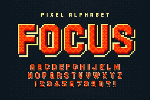Pixel vektor ábécé design, stilizált, mint a 8 bites játékok. — Stock Vector