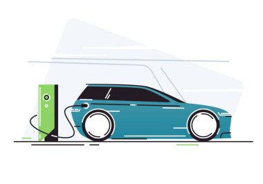Araç şarj istasyonunda elektrikli araba. Vektör illüstrasyonu