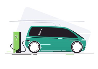 Araç şarj istasyonunda elektrikli araba. Vektör illüstrasyonu
