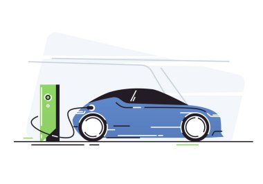 Araç şarj istasyonunda elektrikli araba. Vektör illüstrasyonu