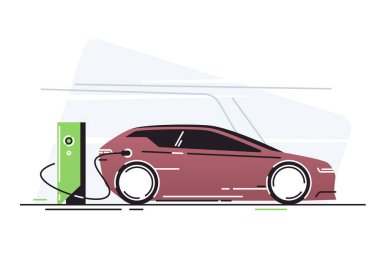 Araç şarj istasyonunda elektrikli araba. Vektör illüstrasyonu