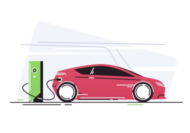 Araç şarj istasyonunda elektrikli araba. Vektör illüstrasyonu