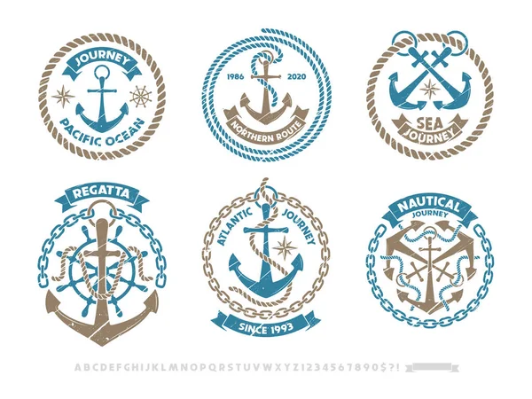 Logotipo âncora, emblema de aventura náutica, estilo de impressão t-shirt . —  Vetores de Stock