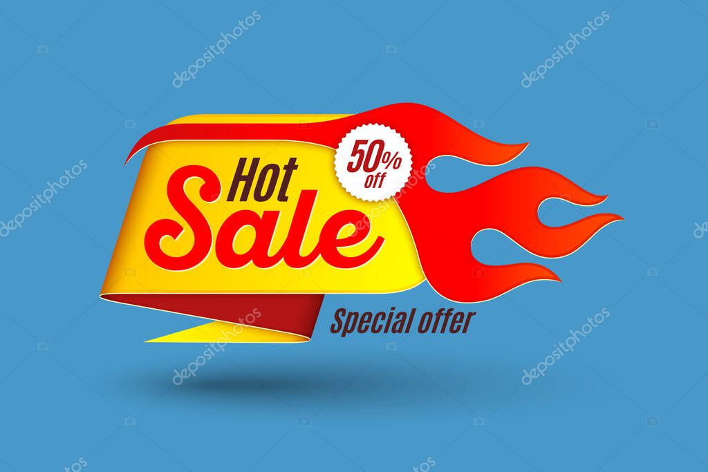 Sales background template design with flame. Hot sale sign. Vector illustration