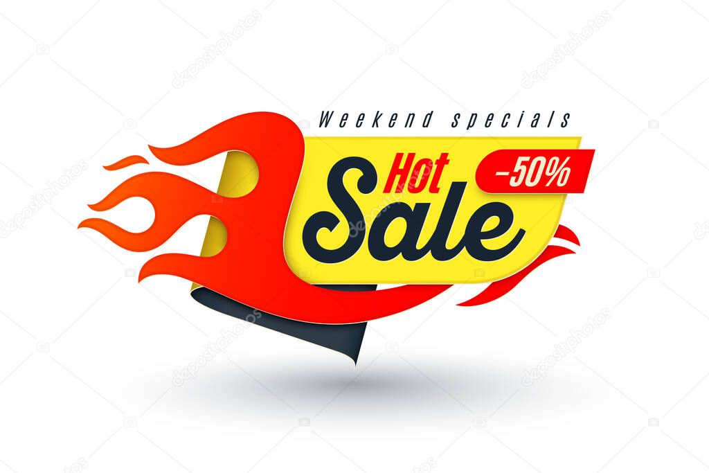 Sales background template design with flame. Hot sale sign. Vector illustration