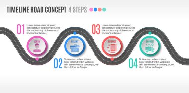 Isometric navigasyon haritası bilgisel 4 adım zaman çizelgesi konsepti. Virajlı yol. Vektör illüstrasyonu