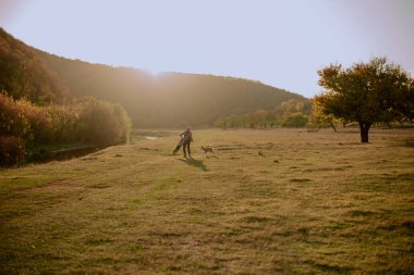 Baba ve oğlu için gün onlar güzel husky köpekleri doğa göl yanında ortasında ile oynarken inanılmaz