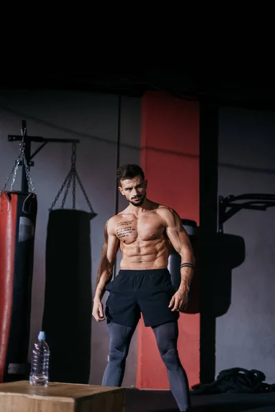 Vücut geliştirme adam portre kamera önünde duran ve siyah arka plan ile bir spor salonunda poz