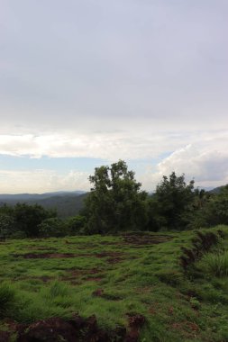 Karamsar bir günde plajın turuncu gökyüzünde berrak beyaz bulutlar