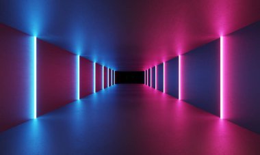 Gelecekçi bilim kurgu soyut mavi ve mor neon ışık şekilleri. Üç Boyut