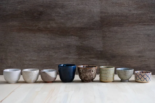 Набор Керамических Чашки Чая Деревянном Фоне — стоковое фото