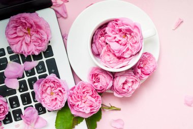 Kartpostal şablonu. Laptop klavyesi çiçeklerle dolu, beyaz kupa pembe arka plan. Sevgililer Günü. Kadınlar Günü. Şenlik arka planı. Sabah konsepti. Düz yatıyordu