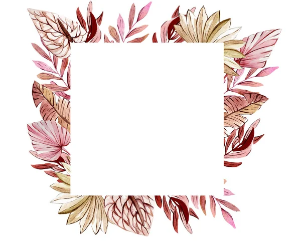 Cadre Aquarelle Style Boho Endroit Pour Texte Feuilles Tropicales — Photo