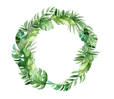 Tropikal yaprakların suluboya çelengi. Düğün davetiyesi konsepti. Kartpostal şablonu. Doğum günü.