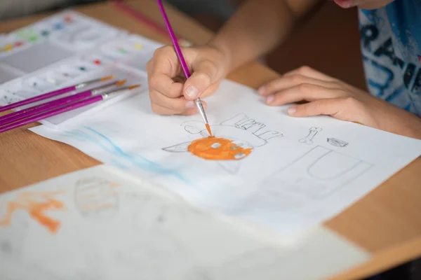 Niño Dibujo Dibujos Animados Lápiz Acuarela Papel —  Fotos de Stock