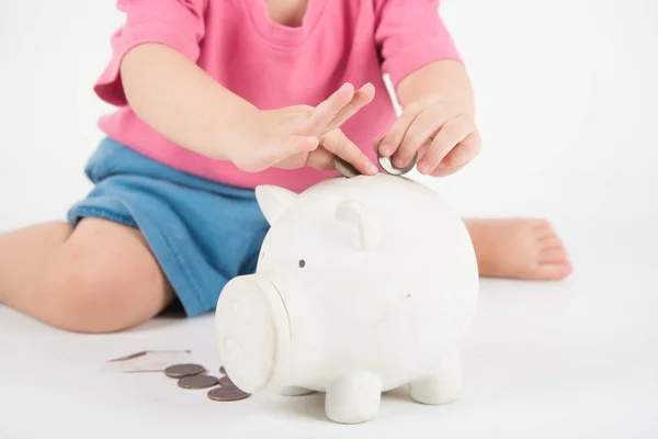 Little Asian Boy Put Coins Piggy Bank Saving Money — Stock Photo, Image