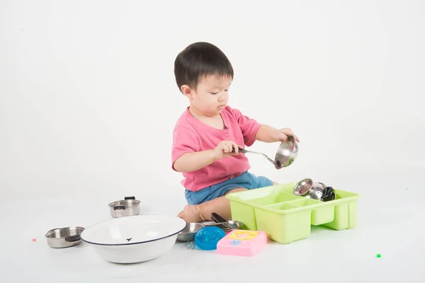 Pequena Criança Asiática Anos Idade Jogando Brinquedo Cozinha — Fotografia de Stock