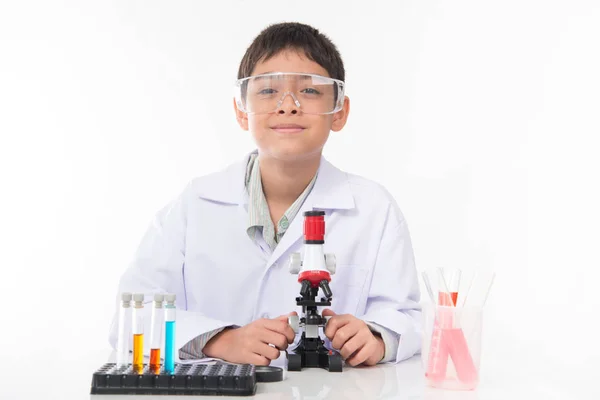 Chlapeček Baněk Microscpope Zařízení Pro Chemii Vědě Třída — Stock fotografie