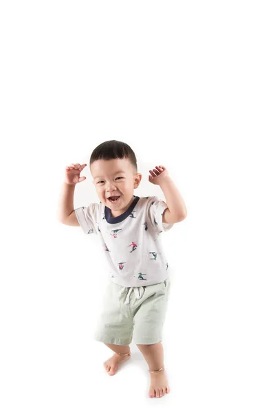 Gelukkig Peuter Jongen Jumpping Met Glimlach Gezicht Zeggen Huray Witte — Stockfoto