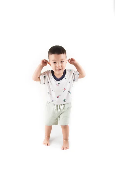 Happy Toddler Boy Jumpping Smile Face Say Huray White Background — Stock Photo, Image