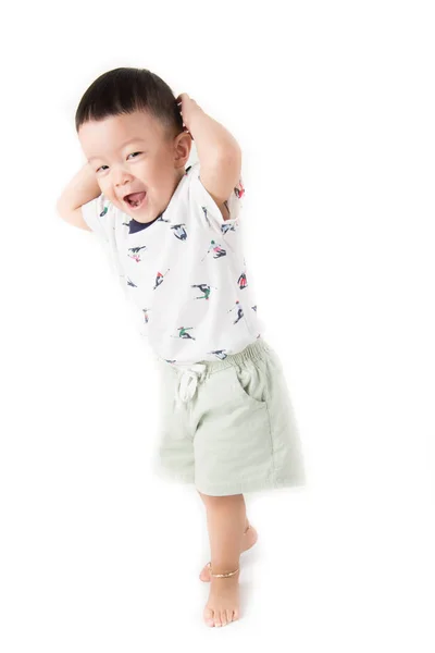 Feliz Niño Saltando Con Cara Sonrisa Dicen Huray Sobre Fondo — Foto de Stock