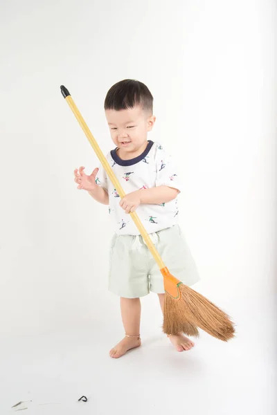 Feliz Niño Saltando Con Cara Sonrisa Dicen Huray Sobre Fondo — Foto de Stock