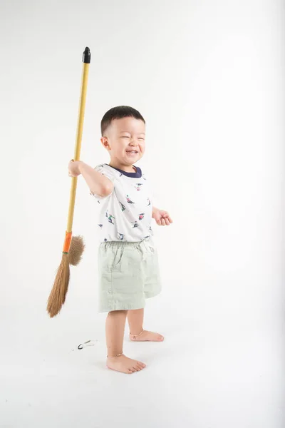 Feliz Niño Saltando Con Cara Sonrisa Dicen Huray Sobre Fondo — Foto de Stock