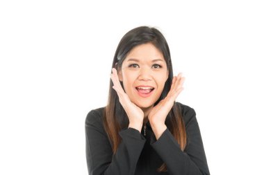 Asya iş kadını beyaz arka plan üzerinde düşünme yüzü