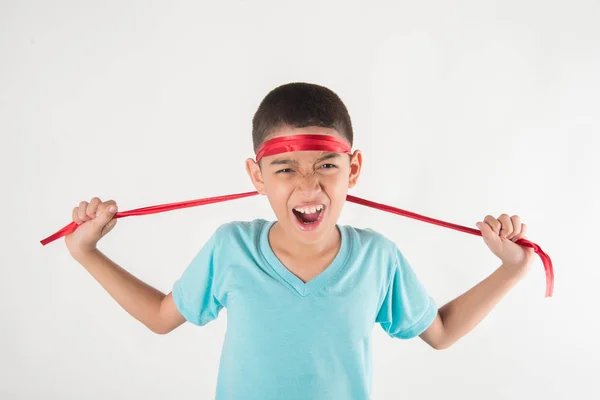 Jongen Stropdas Een Strik Zijn Hoofd Willen Gejuich Omhoog Voor — Stockfoto